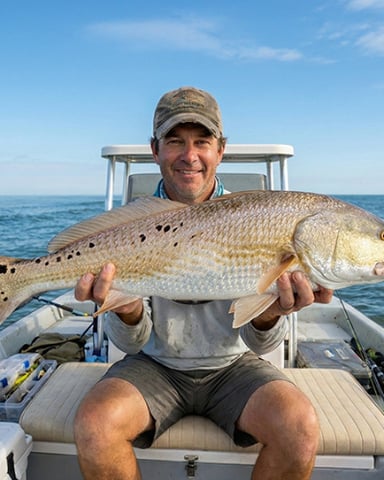 Man holding large spotted fish on fishing boat in open ocean